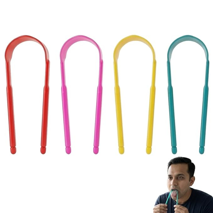 MAXI U Shaped Plastic Tongue Cleaner - Tongue Scraper for Bad Breath Removal, Fresh Breath, Firm Scraper for Kids and Adults, Multicolor Oral Hygiene Tool Pack of 4