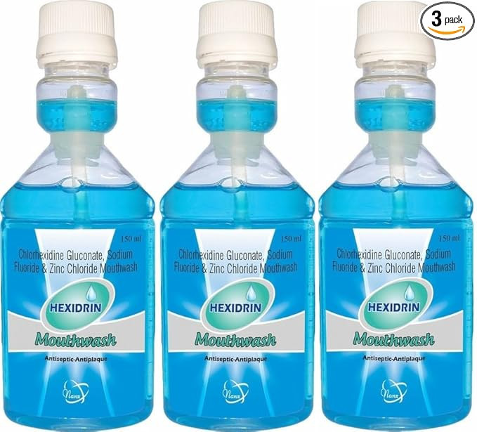 HEXIDRIN Chlorhexidine Antiseptic Mouthwash – Antibacterial Oral Rinse for Gum Care, Anti-Plaque & Gingivitis Support with Fluoride & Zinc, Fresh Breath Dental Rinse (150 ml pack 3)