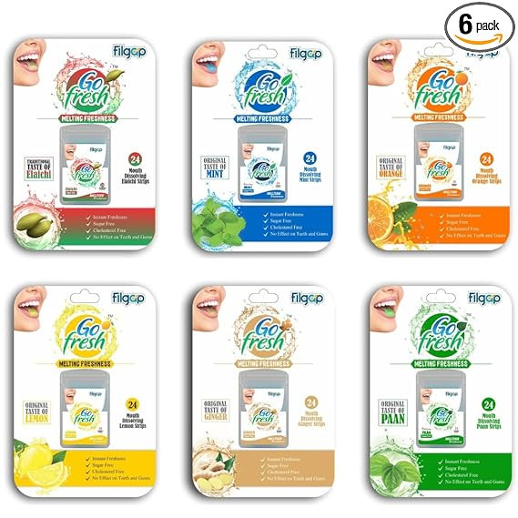 Filgap Assorted 6 Flavours Oral Strips Mint, Elaichi, Paan, Orange, Ginger & Lemon | Mouth Freshener Strips | Combo Pack of 6 x 24 Strips each | Sugar Free Breath Freshener | Instant Dissolving Oral Strips | Instant Dissolving