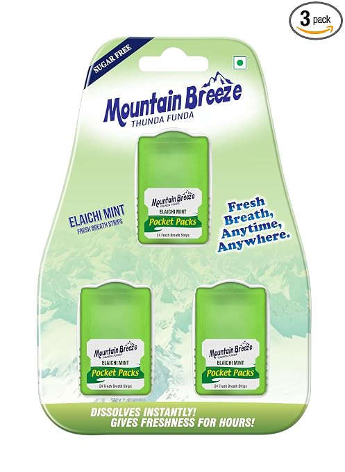 Mountain Breeze Sugar-Free Elaichi mint Breath Strips - Instant Freshness, 24 Strips Per Cassette (Pack of 3), Oral Hygiene Mouth Freshener, 50 Grams NEW