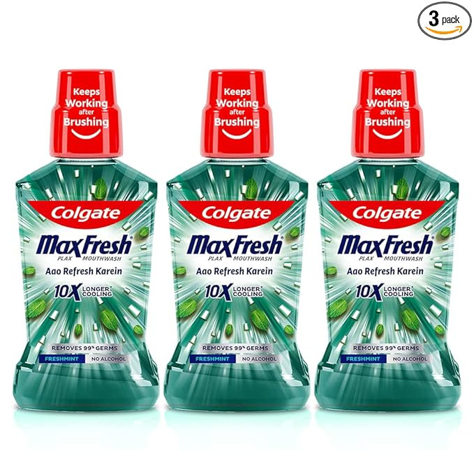 Colgate MaxFresh Plax Antibacterial Mouthwash, 0% Alcohol - 750ml ( 3 x 250ml), Fresh Mint, 24/7 Fresh Breath, 10X longer cooling (Pack of 3)