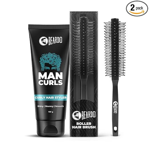 Beardo Man Curls Curly Hair Styler 100g & Roller Hair Brush | Curly Hair Cream for Bouncy, Shiny & Defined Curls | Perfect Tool for Efficient Blow Drying, Adding Curls, Waves & Volume | Define Curls, Control Frizz & Wavy Hair Easily | Set of 2