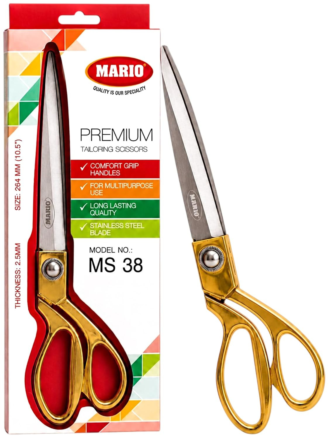 Mario Scissors for Sewing-Tailoring 10.5 inches- Gold Sharp Cloth Cutting Scissors, Comfortable Grip, Easy to Handel - Stainless Steel Blade Scissors - MS 38