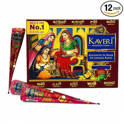 Kaveri Natural Henna Mehandi Cone for Hands & Hair Herbal Rajasthani Henna Paste in Natural Dark Brown Color With Nilgiri Oil for Bridal Dulhan Wedding Occasion Instant Mehendi Cone - Pack of 12 Cones