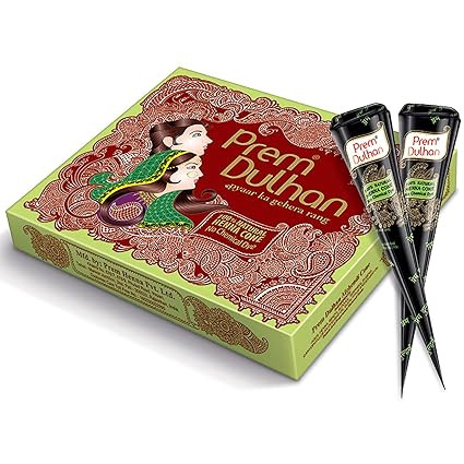 Prem Dulhan Natural Henna Based Mehendi Cones 1 Box Pack of 12 Cones, Made from Natural Henna Leafs, Easy Application