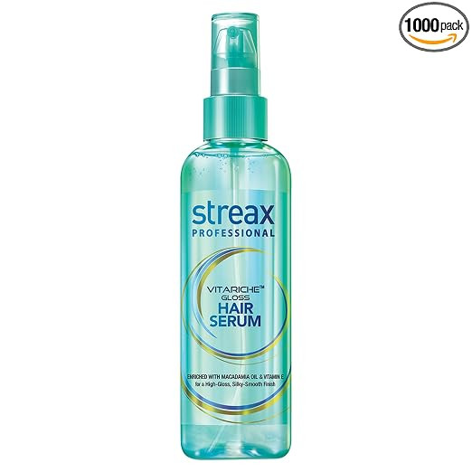 Streax Professional Vitariche Gloss Hair Serum 75ml. Tames frizz & flyaways for silky, smooth hair. Boosts shine & gloss with Vitamin E & macadamia oil. Lightweight, non-greasy formula. Protects from humidity & heat styling. For all hair types. Salon-like