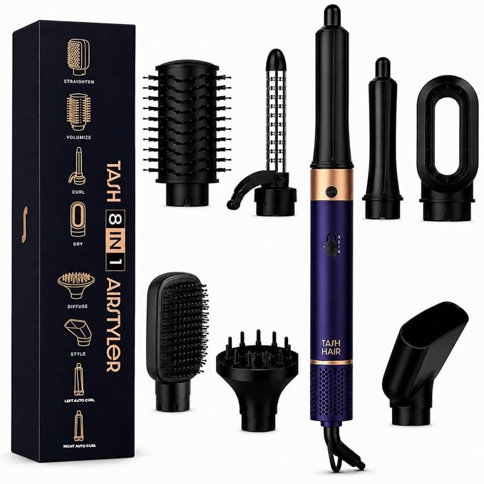 Tash Hair 8 in 1 AirStyler- Auto Wrap Curlers, Hot Air Brush, Straightener Brush, Curling Tong, Blow Dryer, Concentrator & Diffuser | 50% Less Heat Damage, 1200 Watts, 3 Heat Modes- All in One Styler