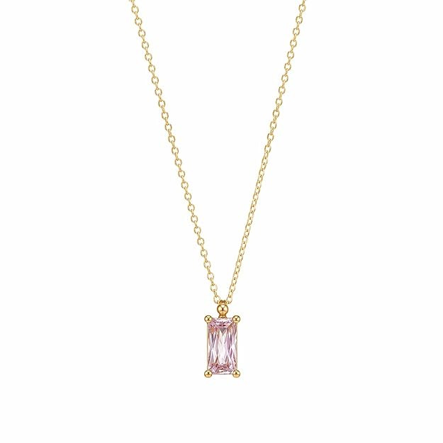Anti Tarnish Gold Plated Pendant Necklace for Women with Pink Rectangular CZ Stone, Adjustable Chain, Artificial Jewellery, Minimal Daily Wear Necklace for Girls & Women