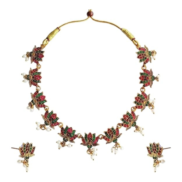 Traditional Lotus Necklace Set for Women & Girls with Multicolour Stones | Latest Stylish Fancy Ethnic Jewellery Set with Earrings | Bridal Wedding