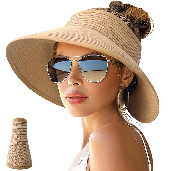 Straw Hat Sun Hats for Women, Wide Brim Beach Hat for Women, Fashion UV Protection Visor Cap, Korean Style Ponytail Topless Sun Visor, Packable Travel Hat for Ladies Gift Red