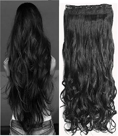MoonEyes, Natural Curly/Wavy Hair Extensions in High Temperature Synthetic Fiber in 22 inch,5 Clips Head in 1 Piece For women and girls in (BLACK)