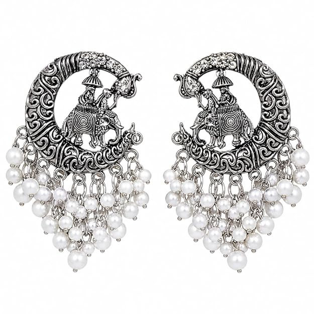 Vintage Oxidised Silver Elephant Pearl Drop Earrings for Women & Girls | Boho Tribal Chandbali Earrings | Traditional Ethnic Statement Jewelry | Party, Festive