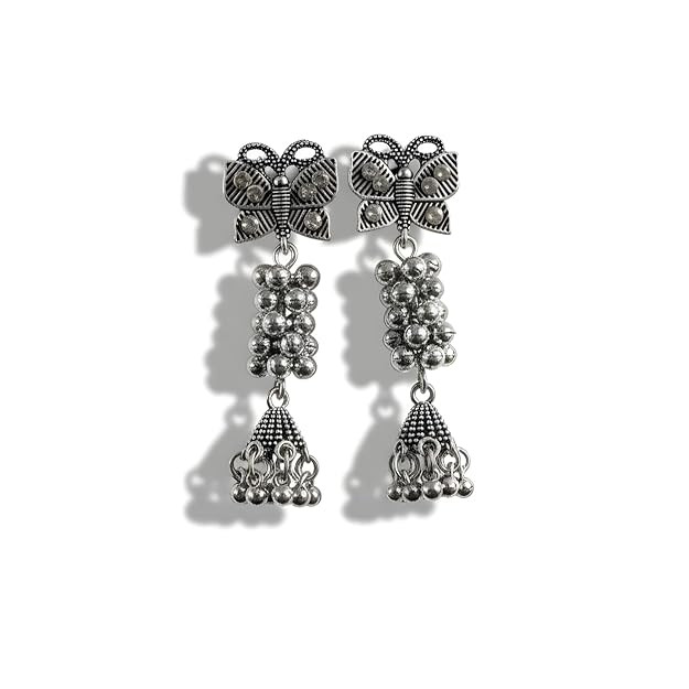Mahayogi Oxidized Artificial Butterfly Jhumka Earrings for Women | Artificial Metal Danglers with Jingle Bells & Crystal Studs | Indian Ethnic Traditional Jewelry