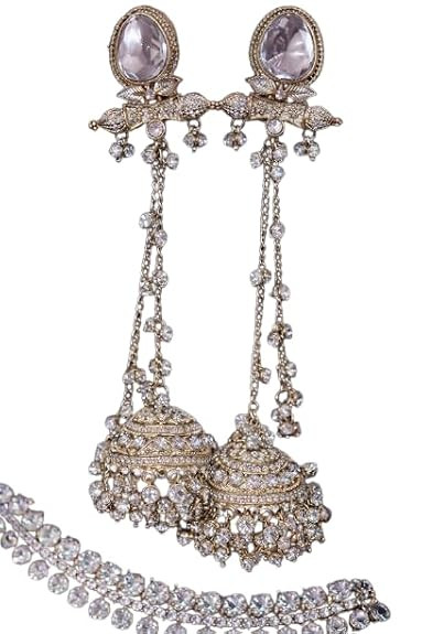 Crystal King Kashmiri Jhumka Earring, Gold-Tone, Crystal Embellished, Long Chain Drop, Artificial Jewellery