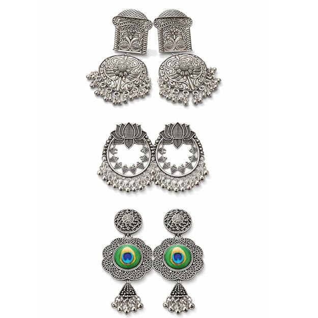 3 Combo Oxidised Earrings Set for Women – Lotus Stud Earrings, Peacock Oxidised Earrings & Long Oxidised Jhumka | Traditional Antique Silver Plated Jewellery for Women & Girls | Ethnic