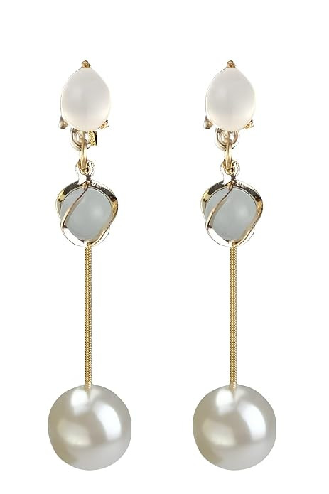Triple Layer Pearl Drop Earrings for Women - Long Gold Plated Artificial Dangler with Faux Moonstone Stud - Stylish Jewelry