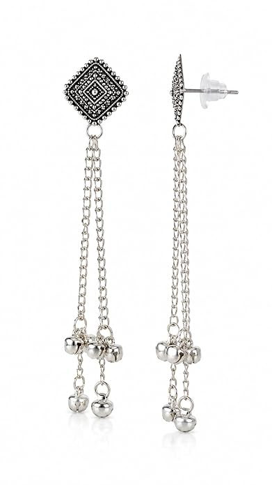Sober Silver Oxidised Diamond Shape Stud Dangling Chain Bell Earrings, Oxidised Chain Tassel Earrings for Women and Girls, Long Dangle Designer Earrings with Ghungroo Beads, Silver Oxidised Ethnic Earrings, Stylish Artificial Jewellery for Daily & Festiva