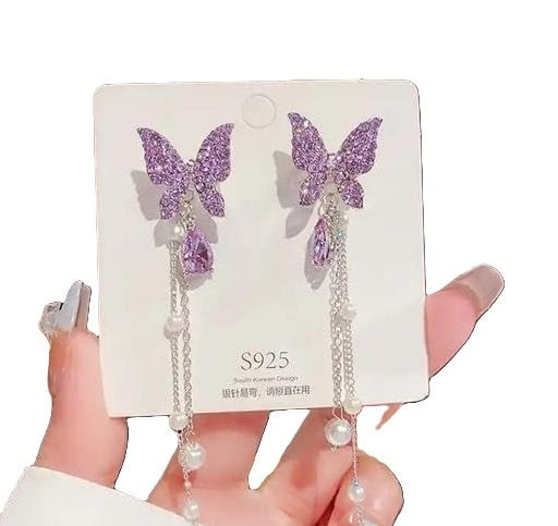 Purple Butterfly Korean Earrings for Women & Girls | Silver Plated Long Drop Earrings with Pearl Purple Free Size