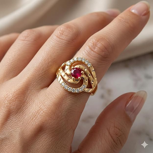 Gold Plated Floral Swirl Ring with Ruby Red Centre Stone and American Diamond Accents, Daily Use
