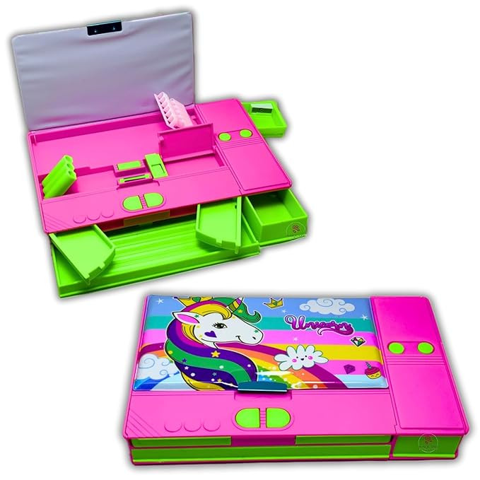 Plastic Unicorn Theme Magnetic Pencil Box For Kids, Space Pencil Box For Boys & Girls, Stationery Box, Buttons Operated Pencil Box For Kid (Modern 2),multicolor