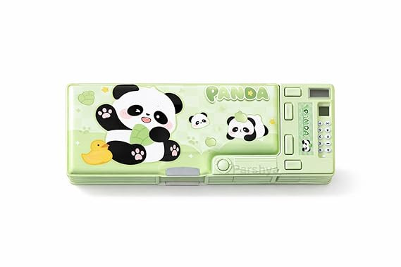 All-in-One Pencil Box for Kids | Calculator, Sharpener & Writing Pad | Large Capacity Magnetic Pencil Case for School Boys & Girls (MSC Panda)