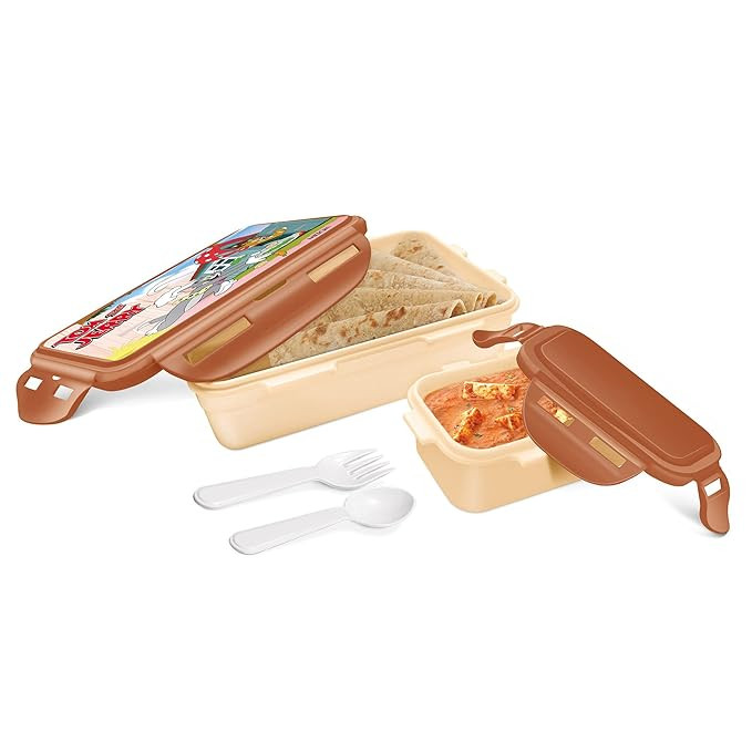 MILTON Mini Fun Treat Lunch Box, Plastic Tiffin 650 ml with Small Container 125 ml, Super Hero School Kids Lunchbox, Leak Proof and Airtight Containers with Plastic Spoons, Ivory