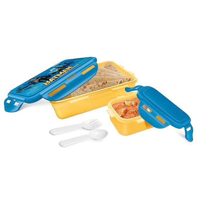 MILTON Mini Fun Treat Lunch Box, Plastic Tiffin 650 ml and Small Container 125 ml with Plastic Spoons, Super Hero School Kids Lunchbox, Leak Proof, Dark Yellow