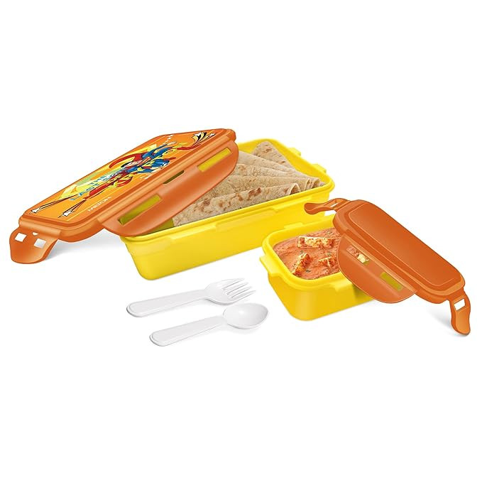 MILTON Mini Fun Treat Super Hero Plastic Tiffin Box for Kids, 650 ml, with Inner Container, 125 ml, Light Yellow | School Lunch Box | Leak Proof | Food Grade | Easy to Carry | Easy to Clean
