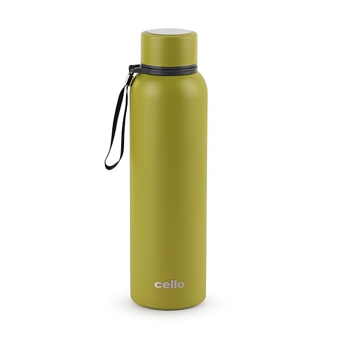 CELLO Duro Kent Gen-X Stainless Steel Flask 860 ml Olive Green | Wide Mouth with Carrying Loop, Leak Proof Double Wall Vacuum Insulated Hot and Cold Flask Water Bottle for Office Gym Biking & TravelKids & Travel