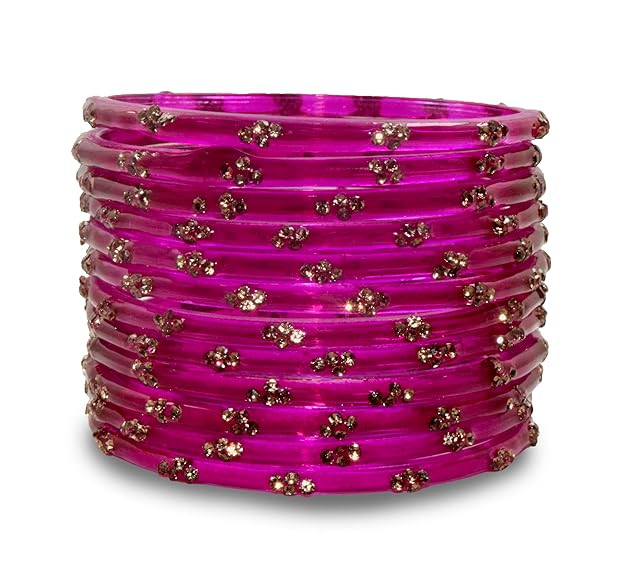 Shahi Pehnawa Glass Bangles Set with Crystal Embellishments, Pink and Blue, Traditional Design, Pack of 12 for Women and Girls