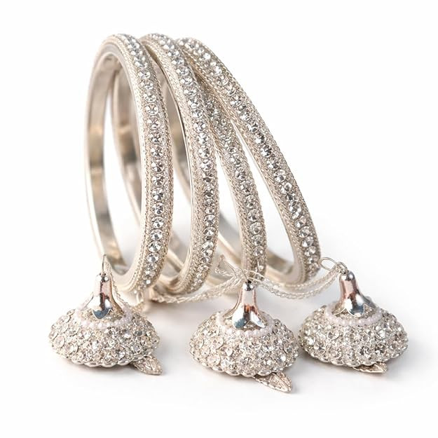 CelebrationDoor Silver Plated Traditional Bangles Set with Jhumka Charms for Women | Ethnic Latkan Bracelet Set | Wedding & Festive Indian Jewelry | Set of 4