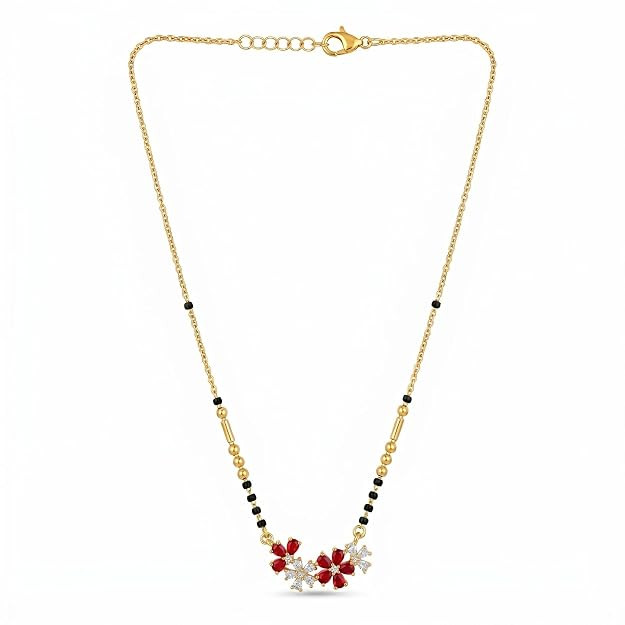 Stylish and short flower AD Dimond Gold Plated Anti Tarnish Mangalsutra for Women | Short Chain Mangal sutra with Black Beads | Traditional and stylish Gold plated MangalSutra for Women with Black Beads