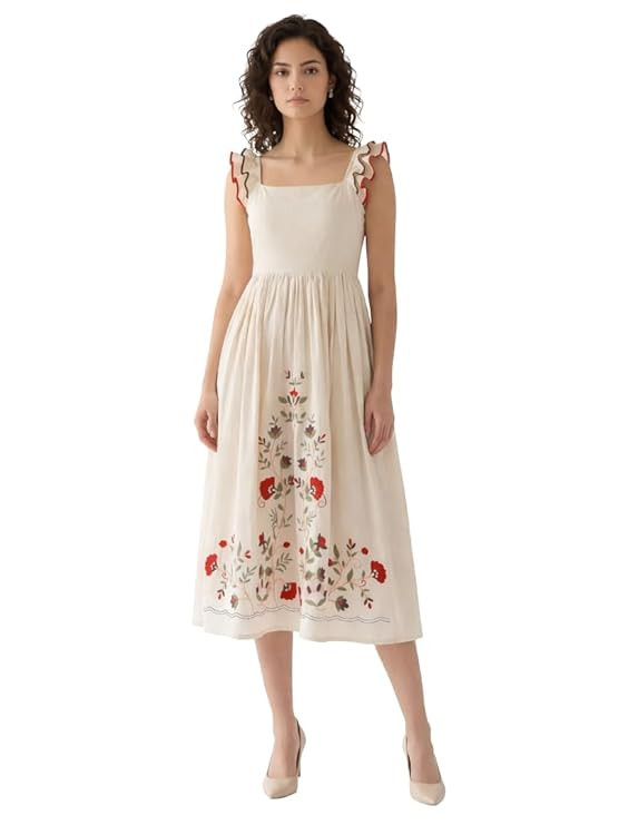Women's Fit & Flare Midi Length Sleeveless Square Neck Embroidered Cotton Dress