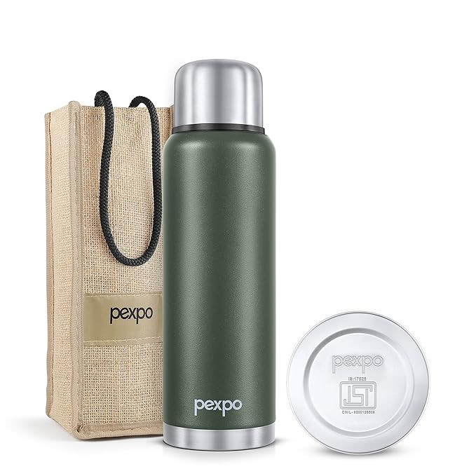 Go24 pexpo Stainless Steel Water Bottle 1500ml, ISI Certified, Hot & Cold Flask with Jute Bag | Leak Proof| 2 Year Warranty | for School, Office, Travel & Picnic | Flamingo | Military Green