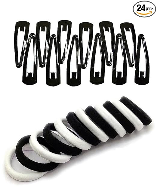 Hair Accessories Combo Set for Women & Girls – Pack of 24 Pcs | 12 Strong Elastic Ponytail Rubber Bands + 12 Durable Tic Tac Hair Clips/Hair Pins | Daily Use Hair Bands & Snap Clips for Stylish Hairstyles – Black & White