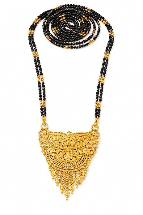Traditional Artificial Gold Mangalsutra for Women | Long Black Bead Maharashtrian Wati Tanmaniya Chain | Stylish Temple Design Wedding Jewelry for Girls & Women