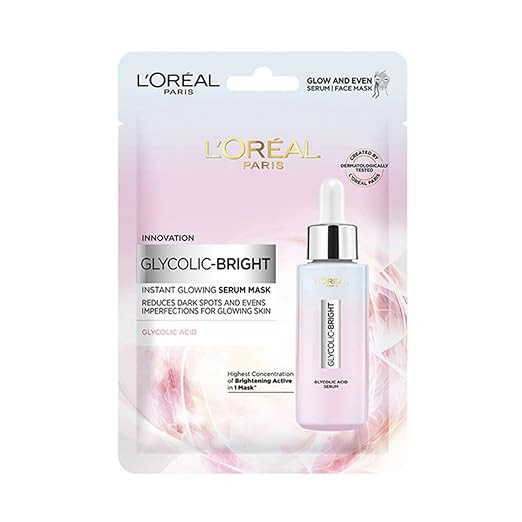 L'Oreal Paris Glycolic Bright Glowing Serum Sheet Mask, Face Mask For Glowing Skin, 22g