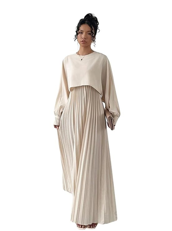 Dress for Women || Women’s Solid Pleated Maxi Dress || Modest Long Sleeve Loose Fit Flowy Gown for Casual, Office & Brunch || Lightweight Comfortable Western Outfit (T-L-17-18)