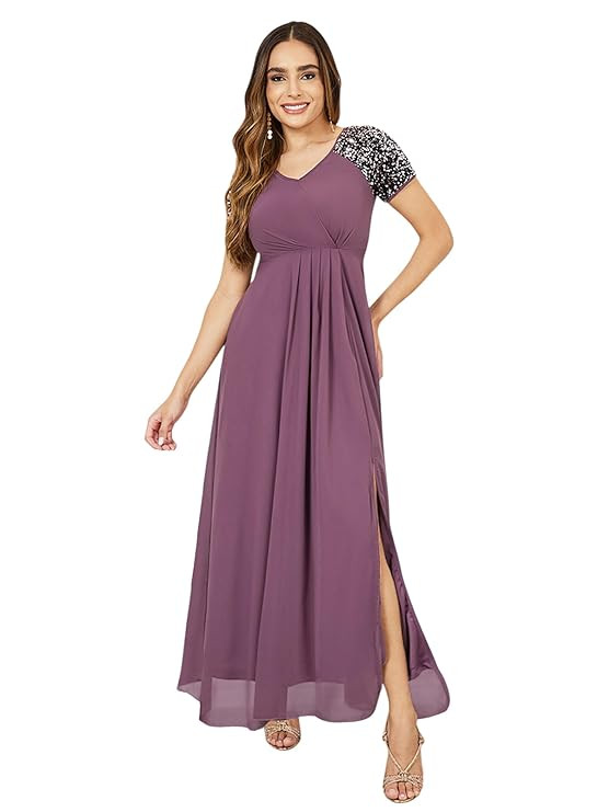 Women's Halter-Neck Cap-Sleeve Pleated Embellished Georgette Maxi Dress
