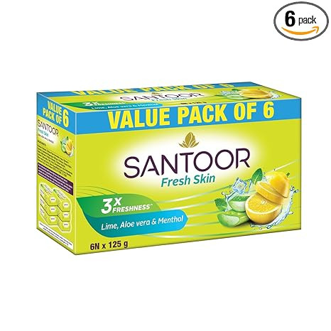 Santoor Fresh Skin Aloe Vera & Lime Bathing Soap with Nourishing & Anti-Aging Properties| For Smooth & Soft and Younger-Looking Skin| For All Skin Types| 125g, Pack of 6