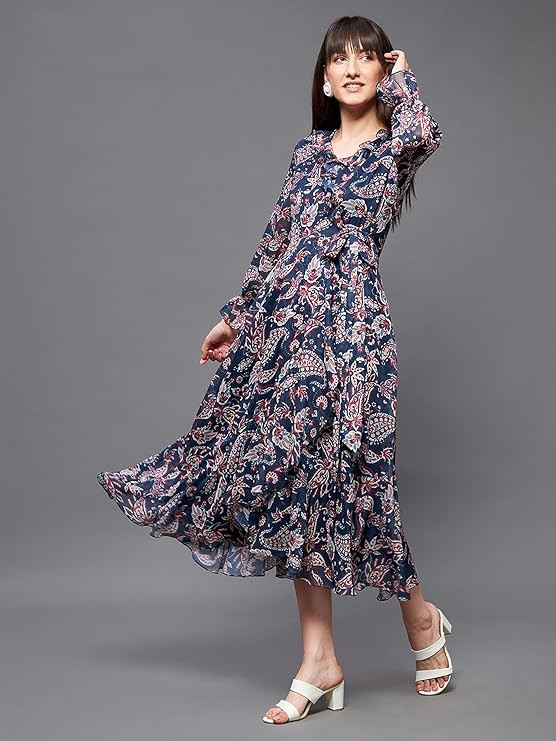 Women’s Bohemian Ruffled Tie-Up Midi Chiffon Dress