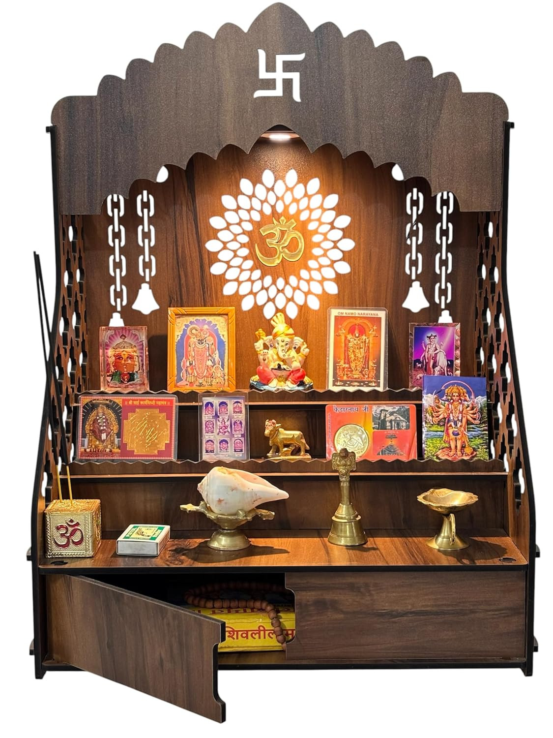 Wooden Temple For Home Big Size Mandir With LED Light & Step Wall Hanging Puja Mandir For Home Temple For Office Pooja Stand For Home & Office Temple With Storage For Shop XL-D28Xw43Xh55Cm