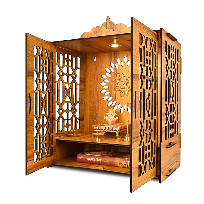 Temple Mandir for Home with Door | Wooden MDF, Assembly Required | Pooja Unit with Storage Space | LED Light and Wall Mounts | Pooja Mandir for Home Big Size (H-21, L-16.5, B-10 inch)