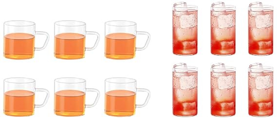 Borosil Vision Combo Set - Classic Mug Set, 190ml, Set of 6 + Large Glass Set, 350ml, Set of 6 Transparent