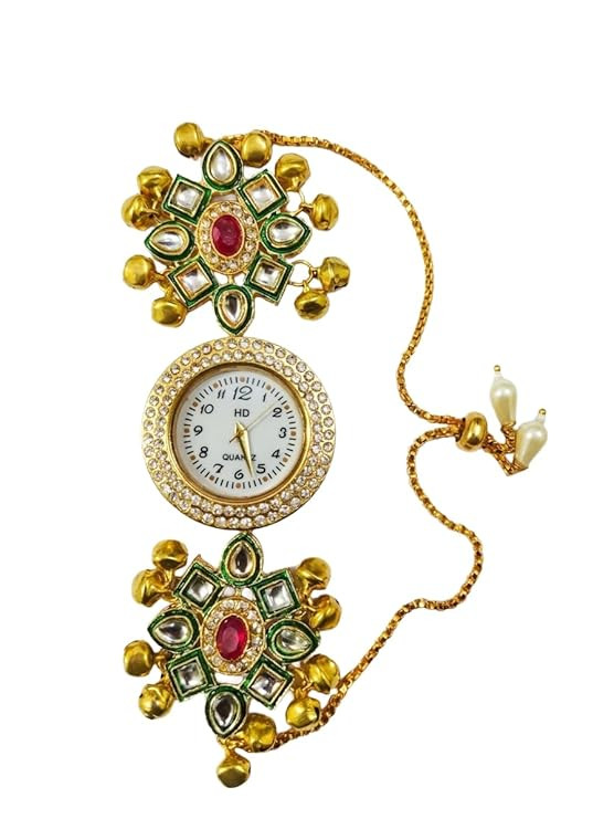 Kashmiri Traditional Ethnic Quartz Watch with Royal Kundan jwellery Bracelet Chain, Gold-Tone | Jewelry Bracelet Watch