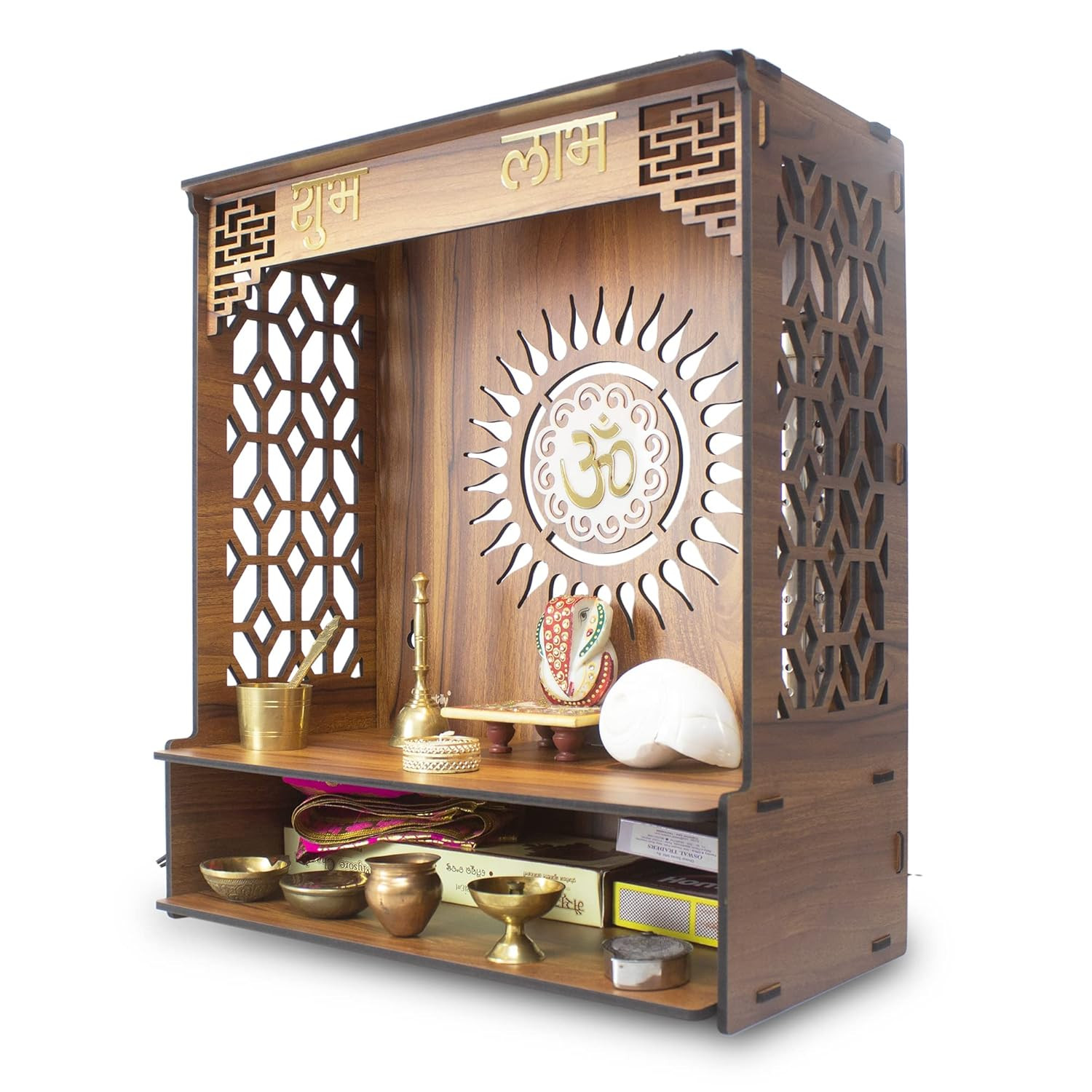 PAVITR Beautiful Wooden Pooja Mandir for Home Temple for Home and Office Pooja Stand Modern Puja Mandir for Home Wall with LED Spot Light Size (18, L- 16, W-8.75 Inch)