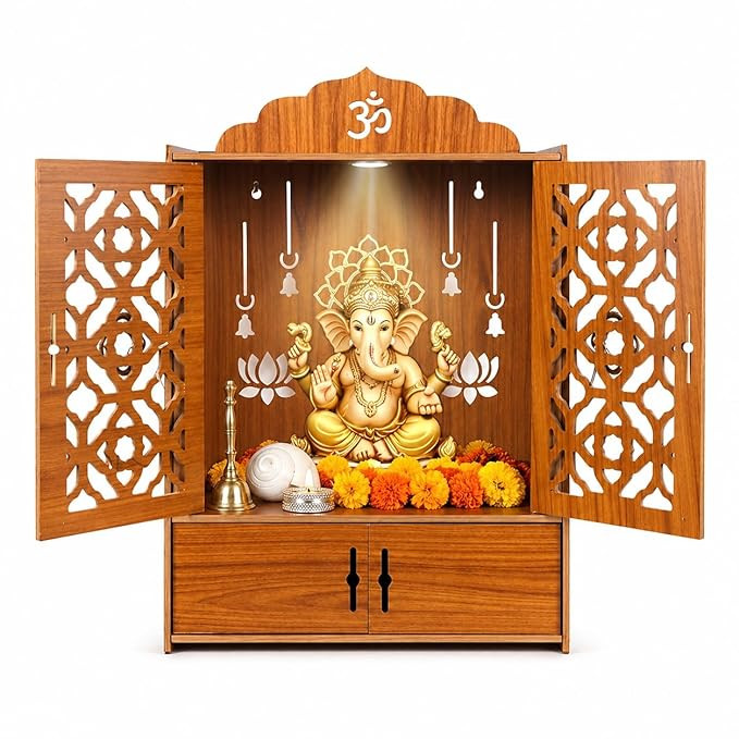 Wooden Temple for Home Wall Mounted & Floor Stand Pooja Mandir with Door, Engineered Wood LED In-built Puja Stand for Home Office, Space Saving Modern Mandir with Easy Assembly (21"X15"X9" Inch)