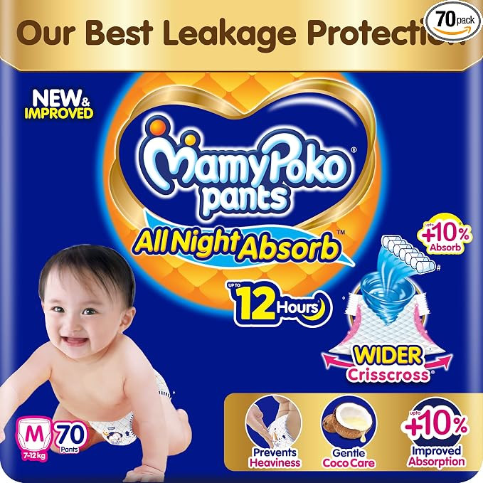 New Mamypoko Pants Premium All Night Absorb| Pant Style Baby Diapers Medium Size(M), 70 Count, Ideal for 7-12Kgs|1 Diaper= Upto All Night Absorption now with 10% increased power|Wider Crisscross Sheet|Gentle Coco Care| 12hr Leakage Protection| Prevents He