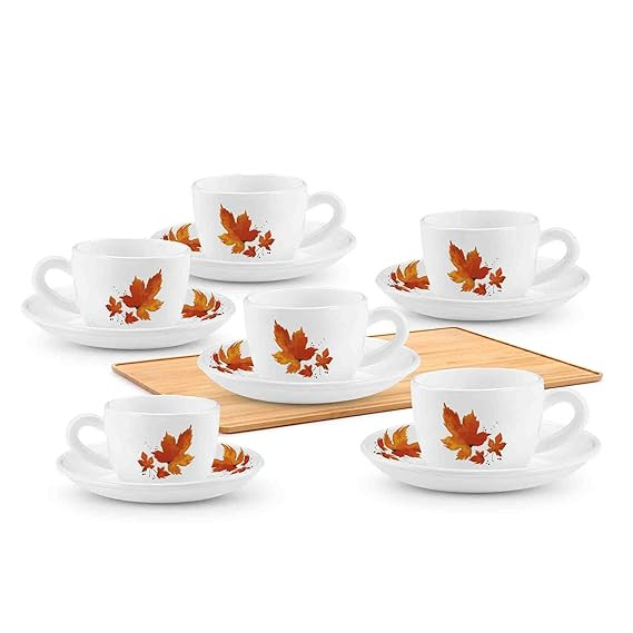 Treo By Milton Opalware Ophelia 13 Mapelle Cup & Saucer Set | Microwave & Dishwasher Safe | Bone-Ash Free | Tempered Toughness | Set of 12 | White | Crockery Set for Daily Use & Gifting