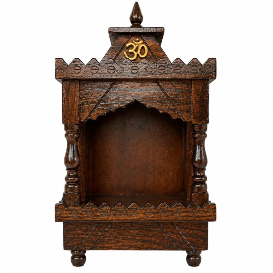 Wooden Wall Mounted Mandir, Brown, Sheesham Wood, Small, with Om Design, Religious Theme, for Home, Office & Prayer Corner, 25x18x6 CM